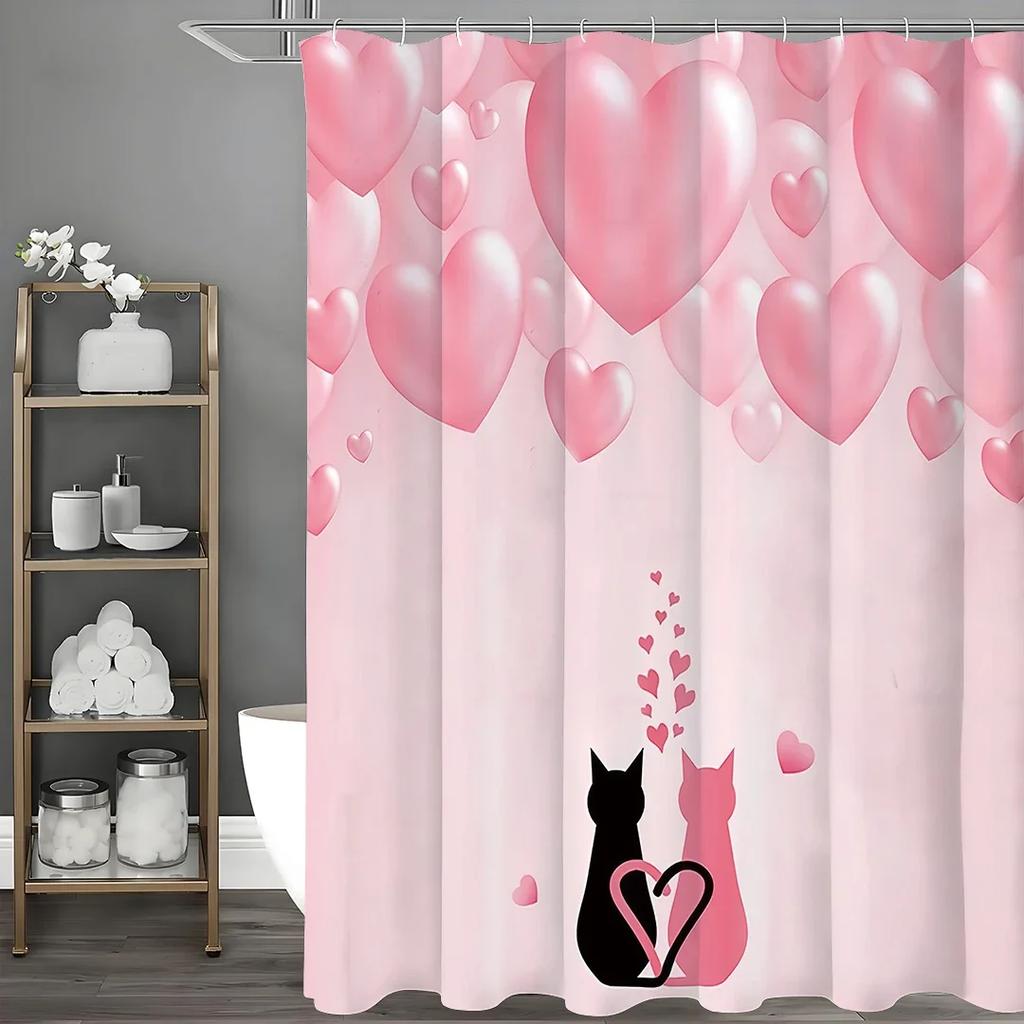 Valentine's Day Black Pink Cat Pink Love Shower Curtain, Bathroom Decorative Shower Curtain, Waterproof Shower Curtain with Ho