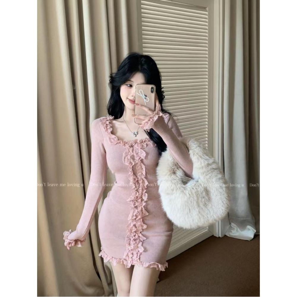 Süßes Spitzenkleid Damen Gestricktes Schlankes Sexy Gewickeltes, figurbetontes Kurzes Minikleid Ausgestelltes Minikleid