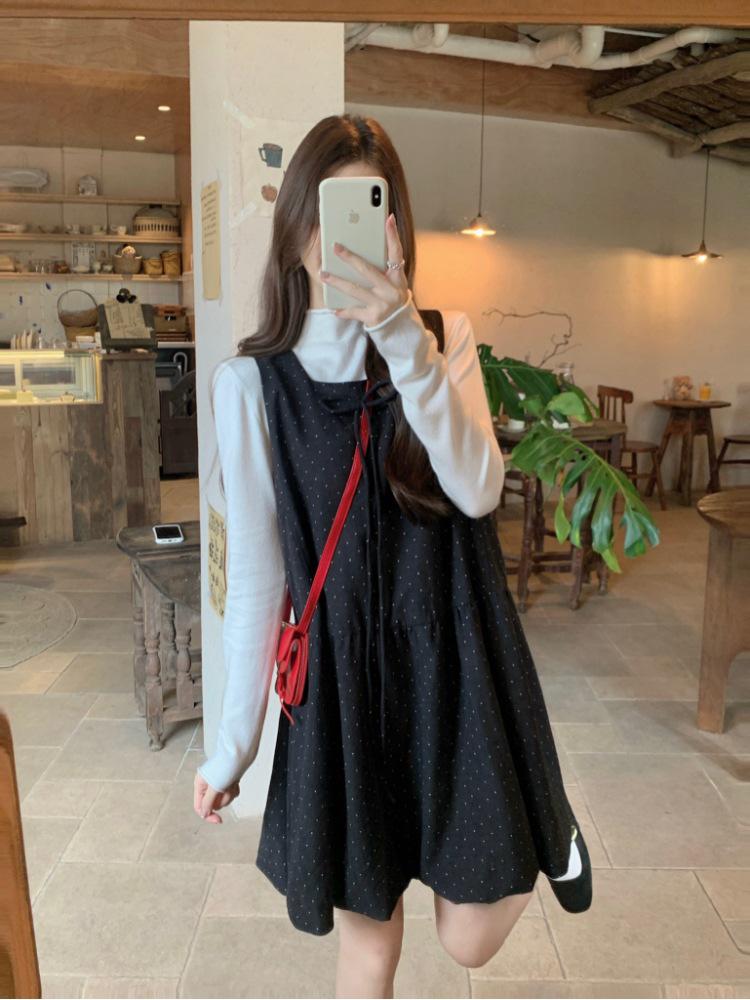 Herbst/Winter Koreanischer Stil Schlankmachendes Gepunktetes Woll-Westenkleid mit Schleife - Damen