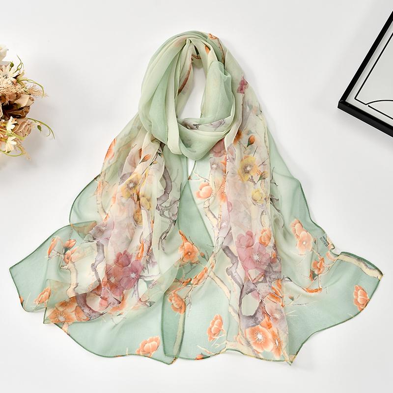 Plum Blossom Chiffon Scarf Floral Printed Shawl Lightweight Neck Scarf Summer Neck Sun Protection Silk Scarf Shawl 160*50Cm