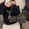 Vintage Denim Shoulder Underarm Bags for Women Portable Spicy Cool Girl Y2K Handbag Double-pocket Design Ladies Armpit Bag Purse