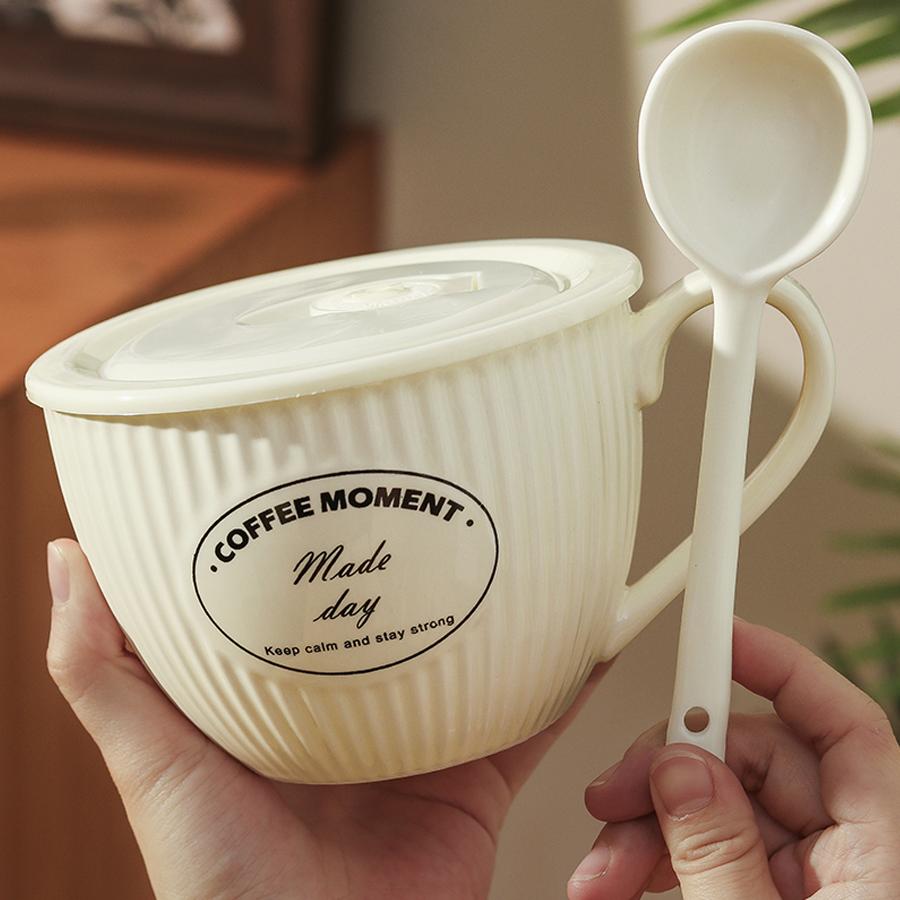 Keramik 700ml Schüssel/Tasse mit großem Fassungsvermögen mit Deckel und Löffel, mit Vintage-Textur; geeignet für Suppe, Kaffee oder Instantnudeln.
