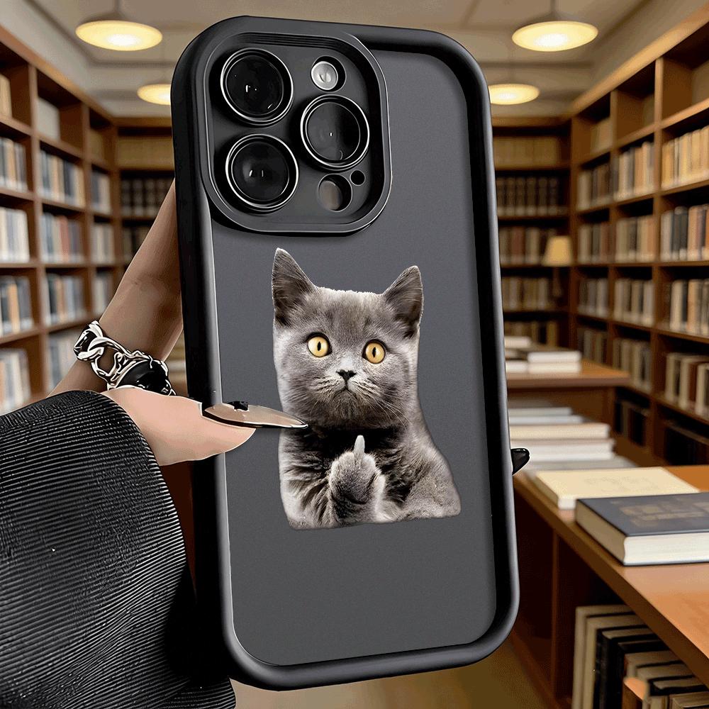 Gray Cat Giving Middle Finger Soft TPU Phone Case for iPhone 17 16 15 14 13 12 11 Pro Max Plus Shockproof Anti-Slip Cover