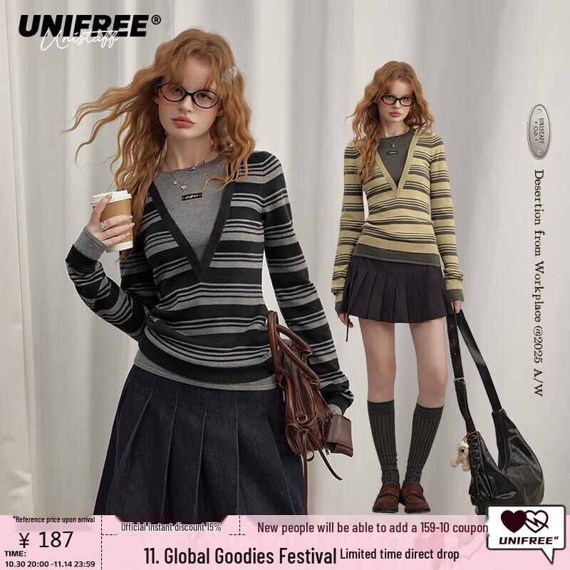 

UNIFREE Women s Retro Striped Faux Two-Piece Knit Top L
