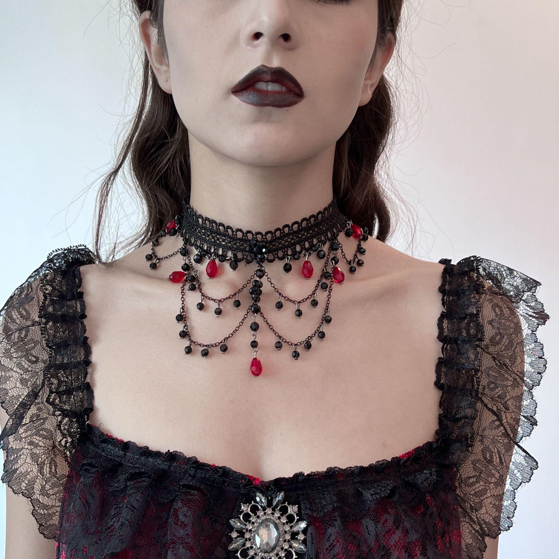 Dark Gothic Red Crystal Pendant, Fringed Necklace, Retro Multi-Layer Beaded Lace Necklace.
