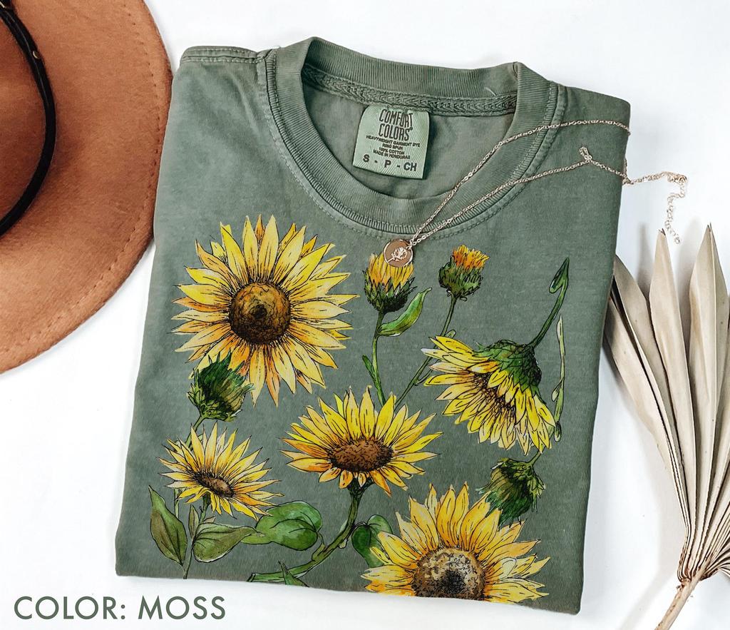 Sunflower Shirt Comfort Colors®, Vintage Botanical Floral Shirt, Wildflower Boho Tee, Cottagecore Tee, Sunflower Lover Gift, Seed Flower Tee