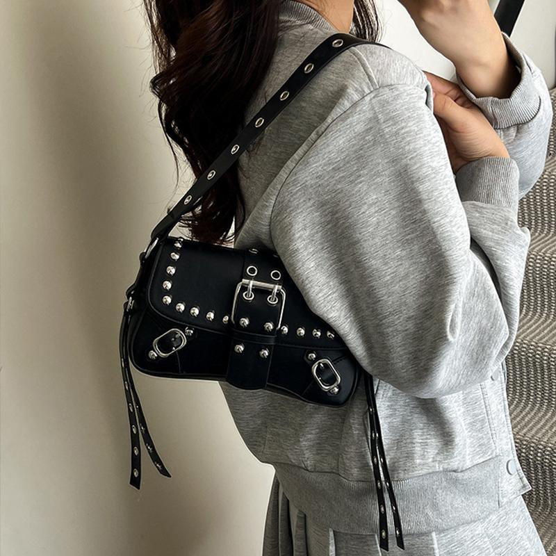 Bolsa de Axila Estilo Punk Tendência Bolsa de Axila Grande Capacidade Bolsa de Mão Estilo Vintage Bolsa de Ombro com Design de Rebites Para Mulheres