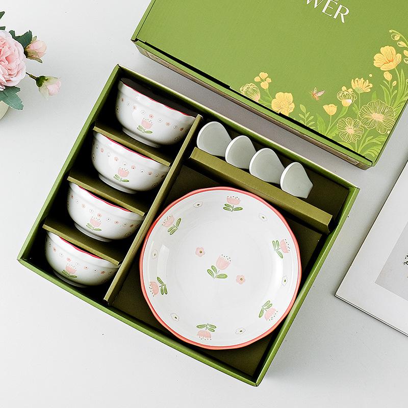 Tulip Ceramic Tableware Set: Includes Bowl, Plate, and Spoon for Housewarming or Wedding Gift.