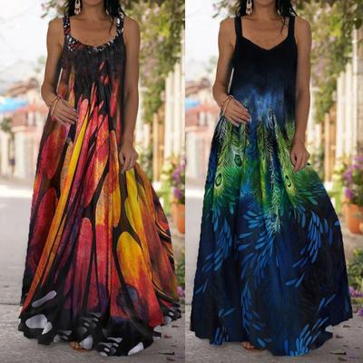 Women's Fashion Casual V Neck Printing Swing Sling Boho Loose Summer Beach Sleeveless Off-the-shoulder Mopping Dress Plus Size Long Dress