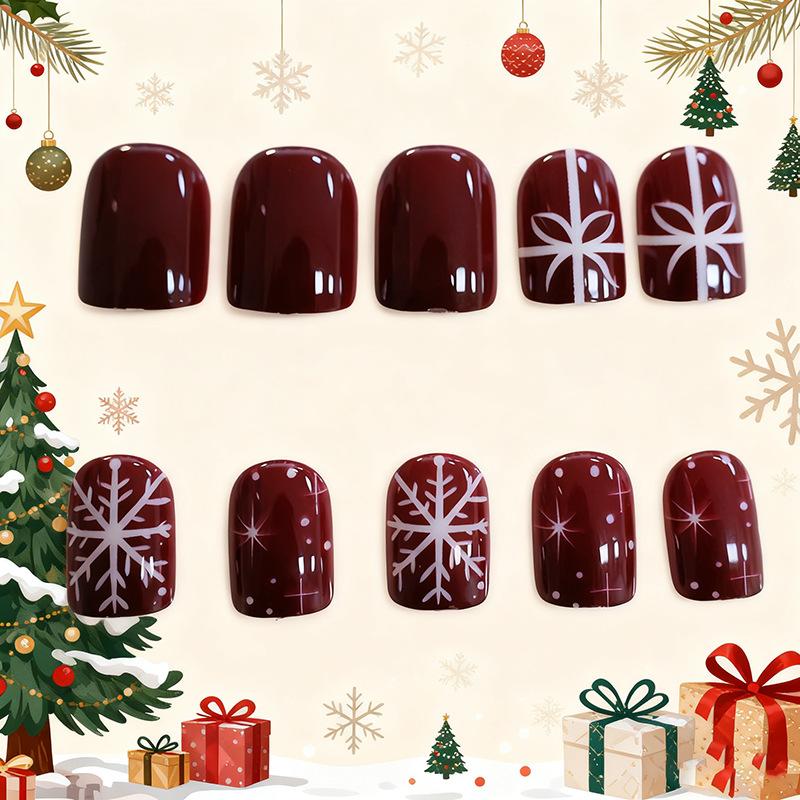 Weihnachten Neue Maniküre Tragen Einfach Rot Schneeflocke Schleife Kurz Quadratisch Tragen Rüstung