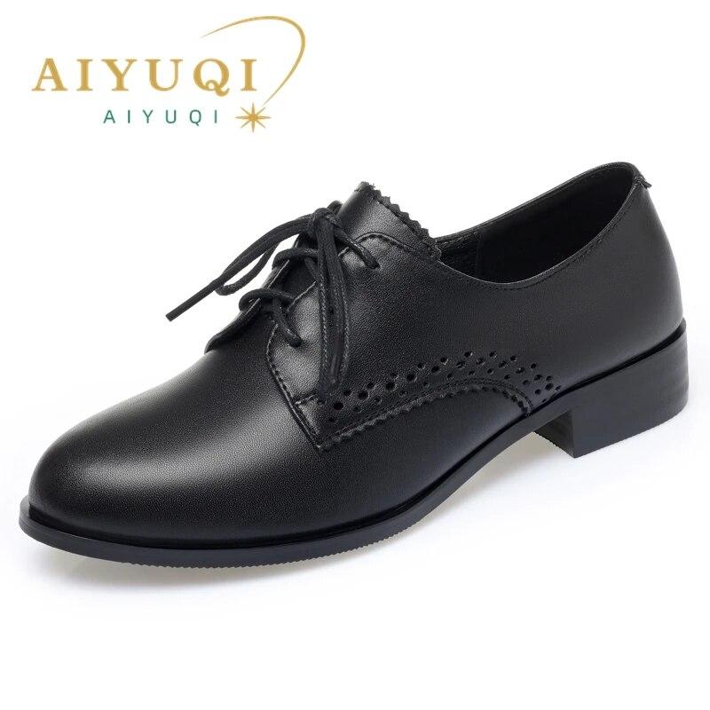 Women Autumn Shoes Genuine Leather Mid Heel British Style Women Loafers Large Size Lace-up Women Shoes