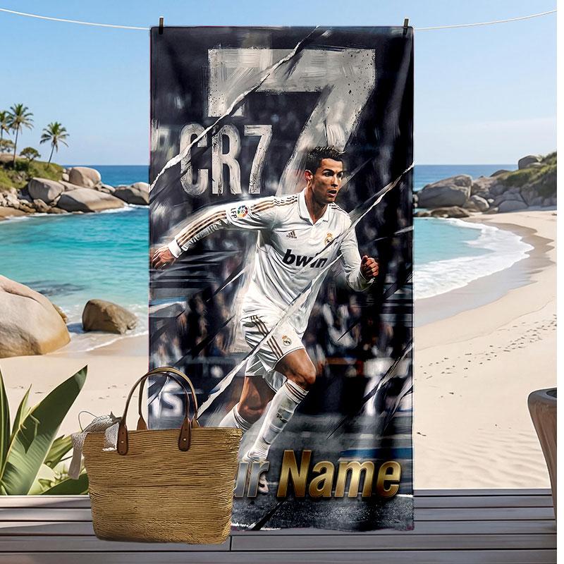 Asciugamano da Spiaggia Personalizzato Stampato Cristiano Ronaldo Logo Calcio Supporto Nome Personalizzato Testo Asciugamano Assorbente Per Sport Viaggio Regalo Speciale