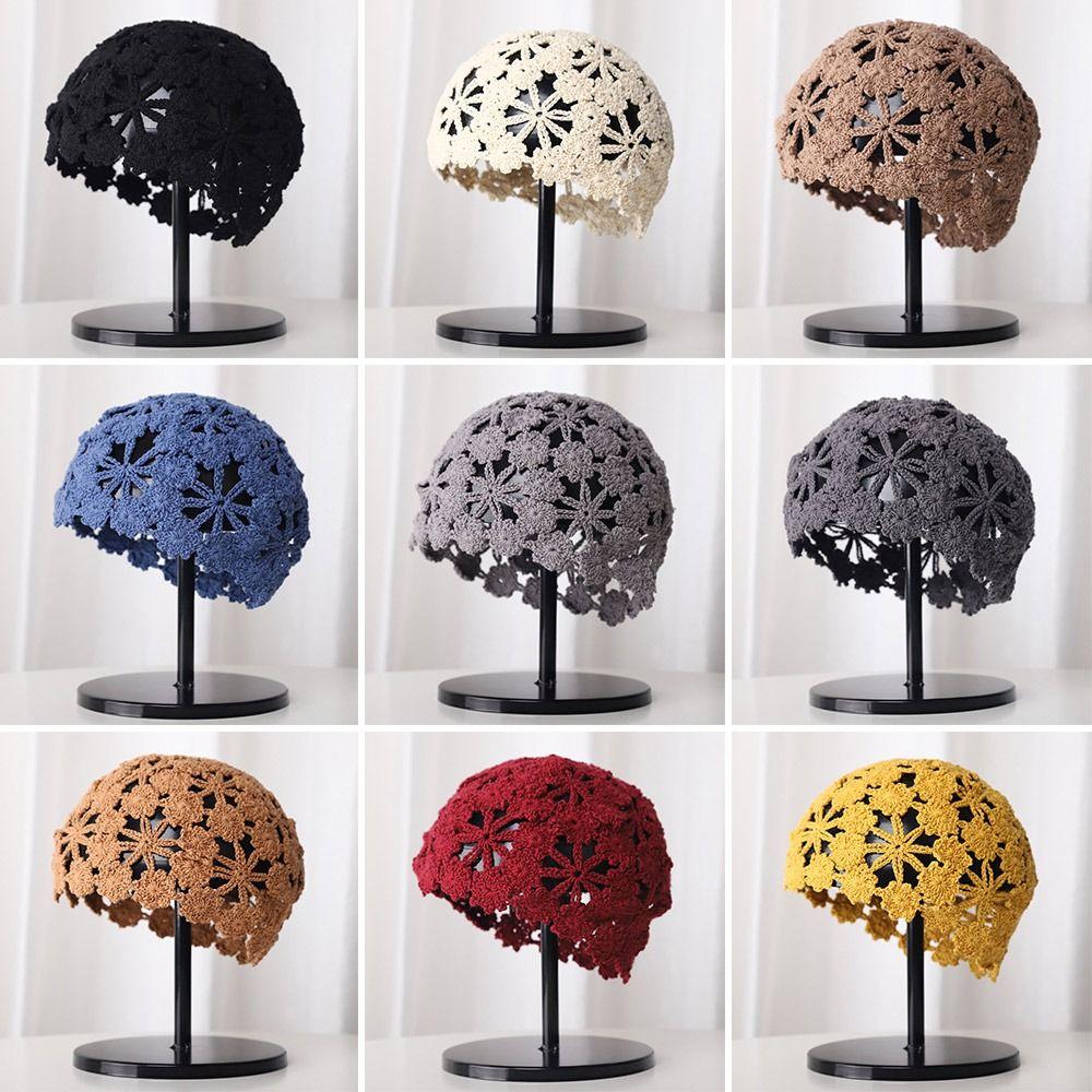 Flowers Knitted Hat Hollowed Out Skullies Hat Breathable Sun Visor  for Women