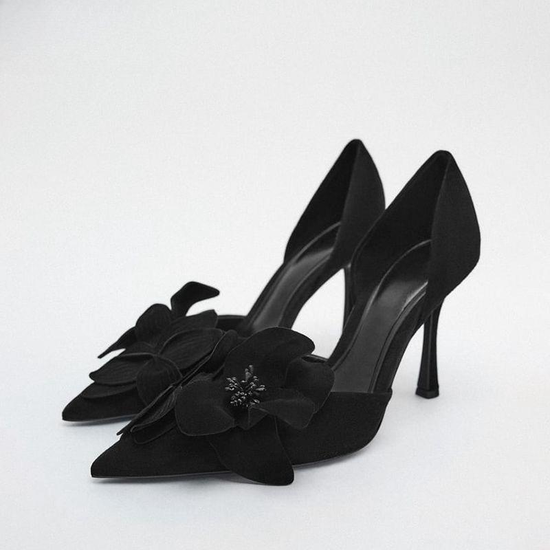 

rose red Suede High Heels Women Pointed Toe Stiletto Heels Pumps with 3D Flower Appliques Elegant Party Wedding Dress Shoes 42 чорний