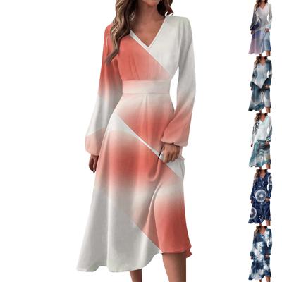 Women's - And Winter Casual Fashion V-neck Long Sleeve Stripe Print Long Dress Suitable For Daily Life And Party Wear