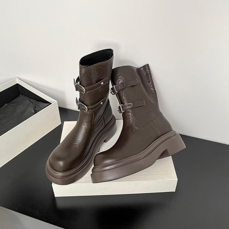 

В наличии, ультралегкие ретро-ботинки для женщин, новая пряжка-ремень осень-зима 2025, рыцарские ботинки на толстой подошве с увеличением высоты, короткие ботинки для женщин 40 коричневый