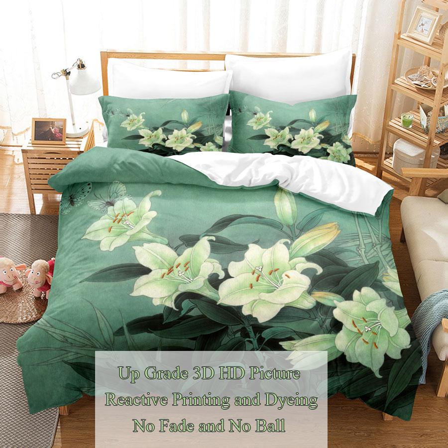 Green Flower Duvet Cover Set Double Bed With Pillowcase Lotus Bedding Set King Size 3pcs 2pcs Single Twin Full 200x200 220x240cm