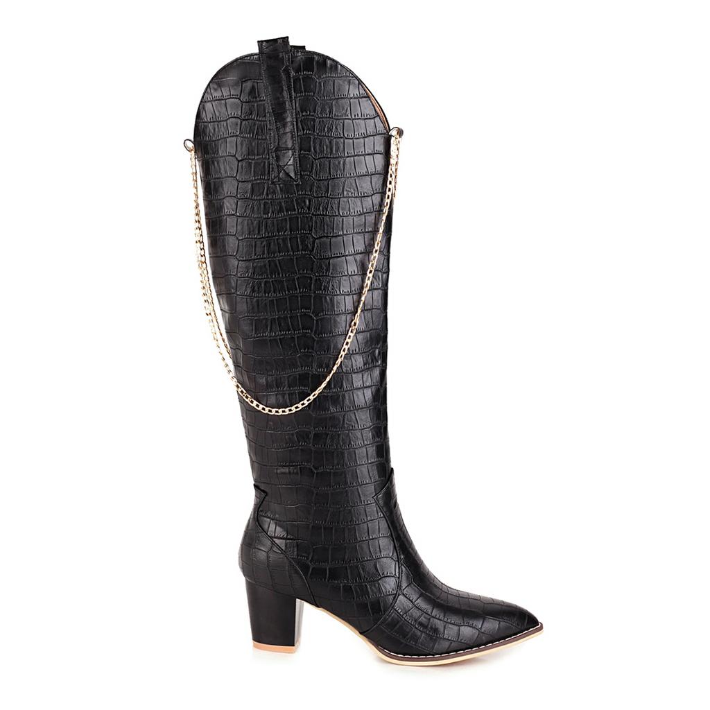 Women's high-heeled boots sexy European and American style crocodile pattern thick heel pointed large size medium boots