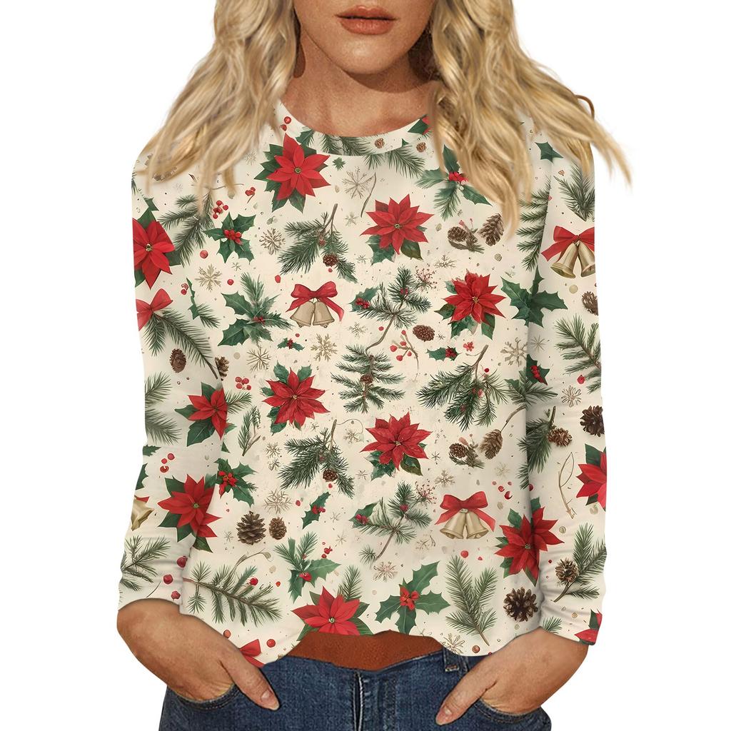 Women's Fashion Casual Christmas Printed Round Neck Long Sleeve Pullover Top