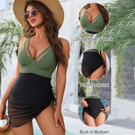 Women's One Piece Swim Dress V Neck Tummy Control Slimming Swimsuit Mesh Sheer Wrap Bathing Suit for Beach Vacation