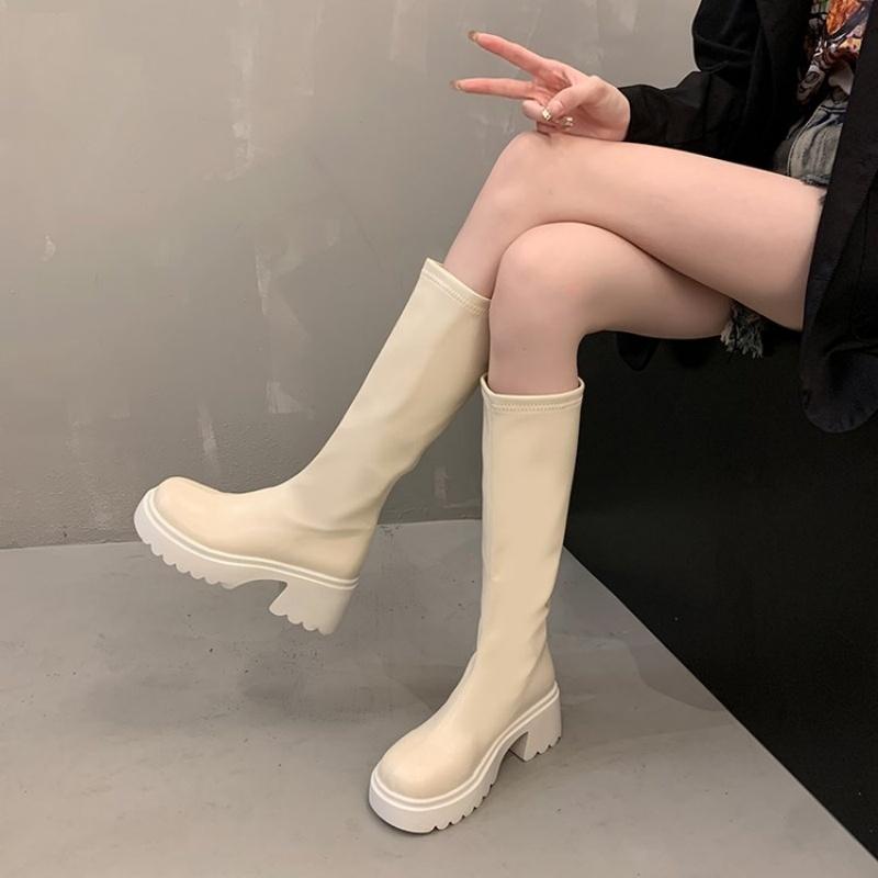 

With Velvet Warm And Comfortable Fashion Show Boots Autumn And Winter New Round Head Thick Sole Retro Heightening Mid-Calf Boots 37
