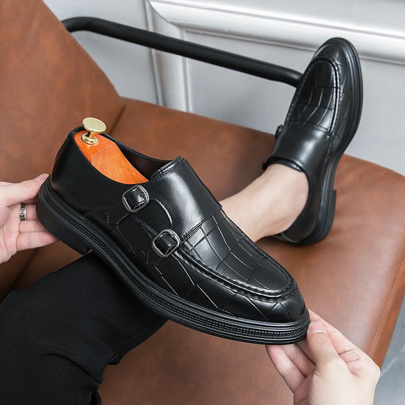 Fashion Luxury Designer Leather Men Shoes High Quality Polish Double Buckle Pointed Toe Casual Shoes Men Wedding Dress Shoes For Men