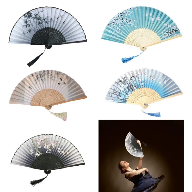 Floral Handheld Folding Fan Hand Held Silk Bamboo Fans with Tassels Hollowed Hand Foldable Fan for Dancing Wedding Decor