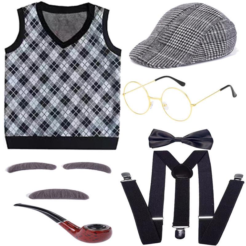 Halloween Costume Set For Kids Featuring Short Black Wig And Grandpa Beard Accessories