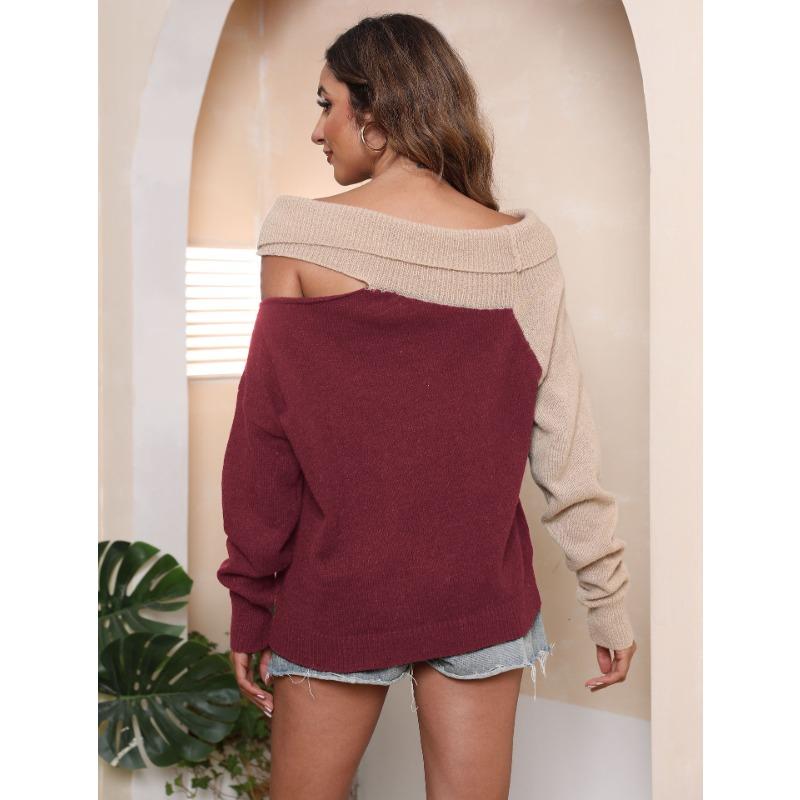 Autumn and Winter Women's Sexy Strapless Knitted Irregular Lapel Collision Splicing Loose Sweater