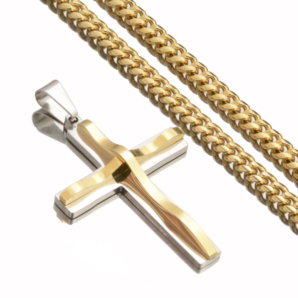 Hochglanzpolierte Edelstahl-Kreuz-Halsketten, Kruzifix-Anhänger und Halskette für Frauen und Männer, Vintage-Edelstahl, 6 mm Miami-Kette