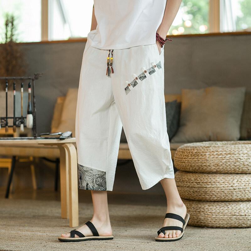 

Cropped Shorts Men s Summer Straight Thin Ice Silk Beach Cotton and Linen Loose Cropped Pants M белый