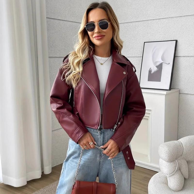 2025 Cross-border European and American New Women's Leather Jacket Short Spice Girl Street Retro Locomotive Lapel PU Leather Jacket