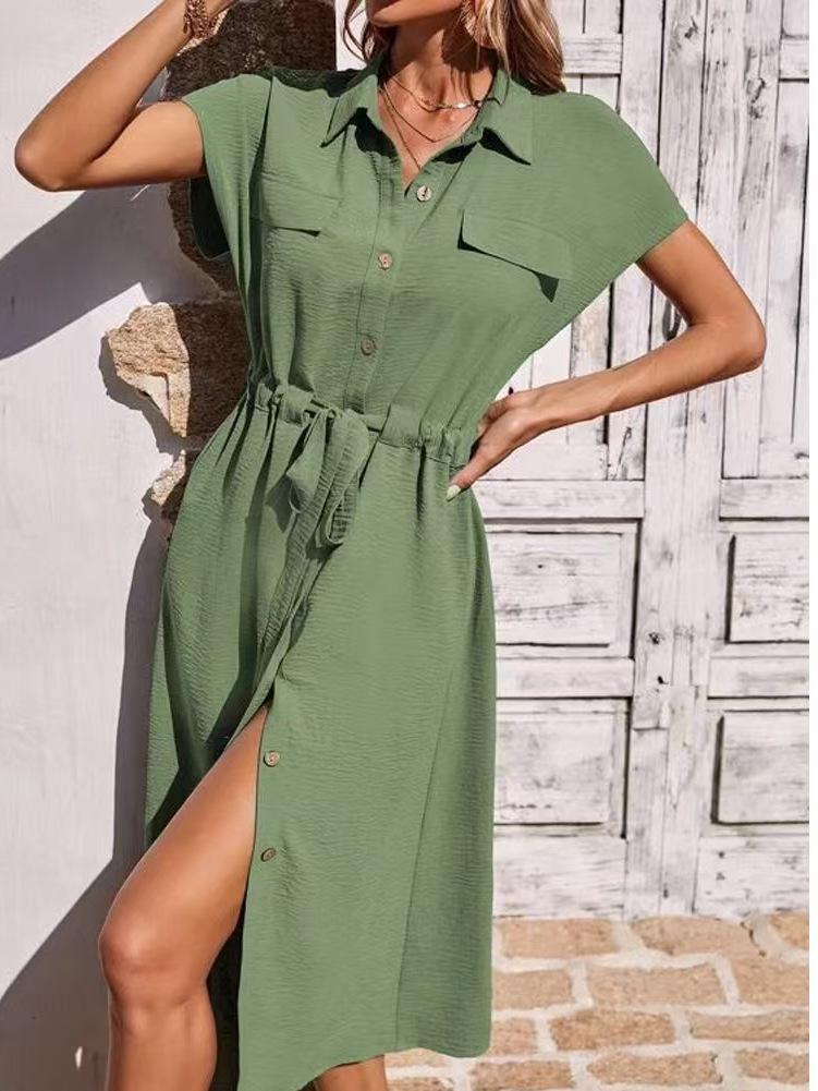 2024 Women's Fashionable Shirt Collar Waist-Cinching Dress with Waistband