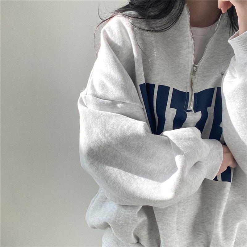 Felpa da Donna con Mezza Zip Stampa Lettere Vestibilità Larga Casual Collo Alto Pullover