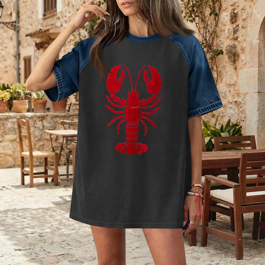 Damska casualowa koszulka z krótkim rękawem, patchwork z denimu, luźny krój, okrągły dekolt, letnia, wiosenna moda, top z nadrukiem homara