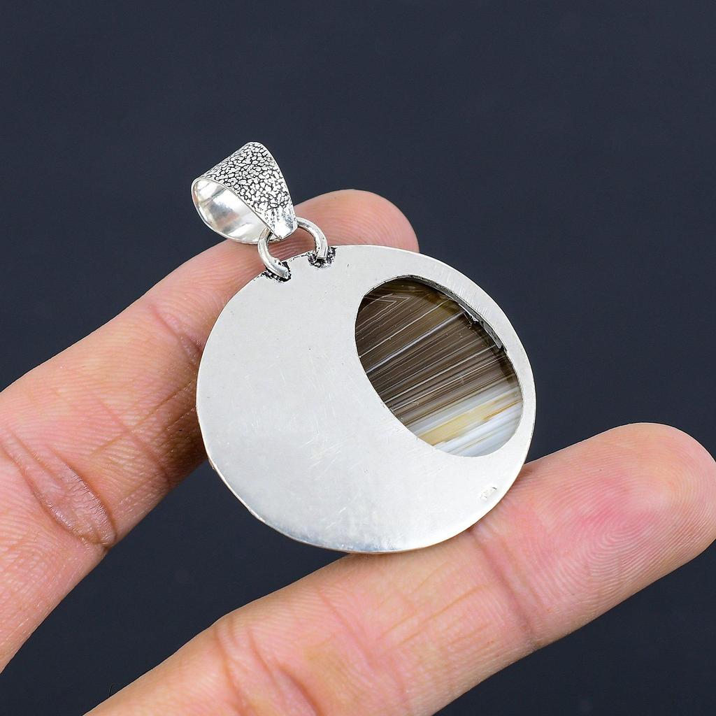 Sterling Silver Oval Botswana Agate Stone Birthday Wife Wedding Pendant Jewelry