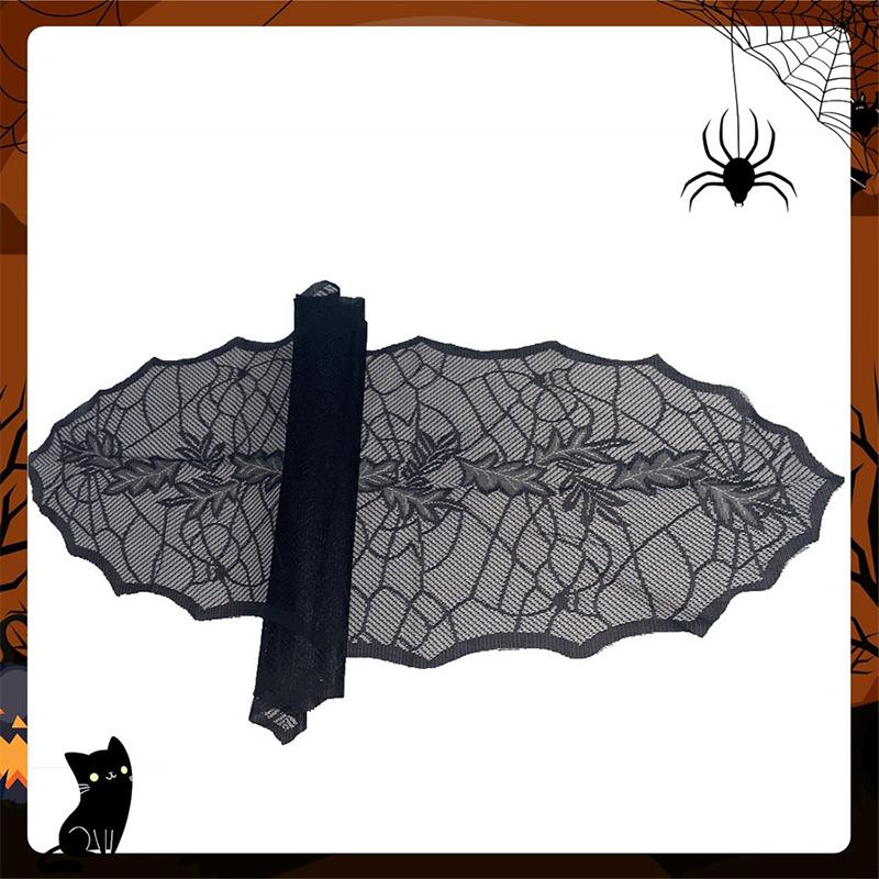 Spooky Halloween Table Runner Black Lace Spider Web Design Tablecloth Fireplace Scarf Haunted House Decor Party Decoration