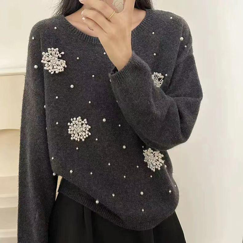 Women's Round Neck Beaded Knit Sweater - Loose Fit, Autumn/Winter Outerwear