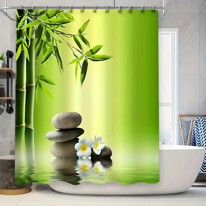 Elegant Bamboo and Stone Shower Curtain for Spa-like Relaxation - Water Lily and Green Leaves Design Waterproof Durable