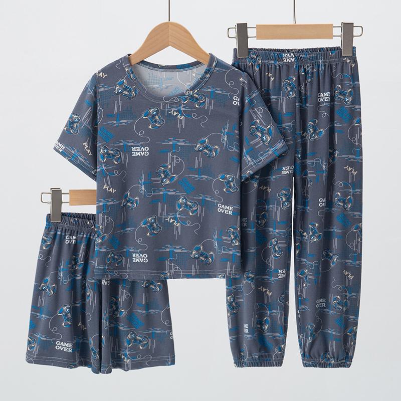 3pcs Summer Children's Printing Short-sleeved Shorts 9 Pants Suit Boys and Girls Comfortable Pajamas Can Be Worn Outside