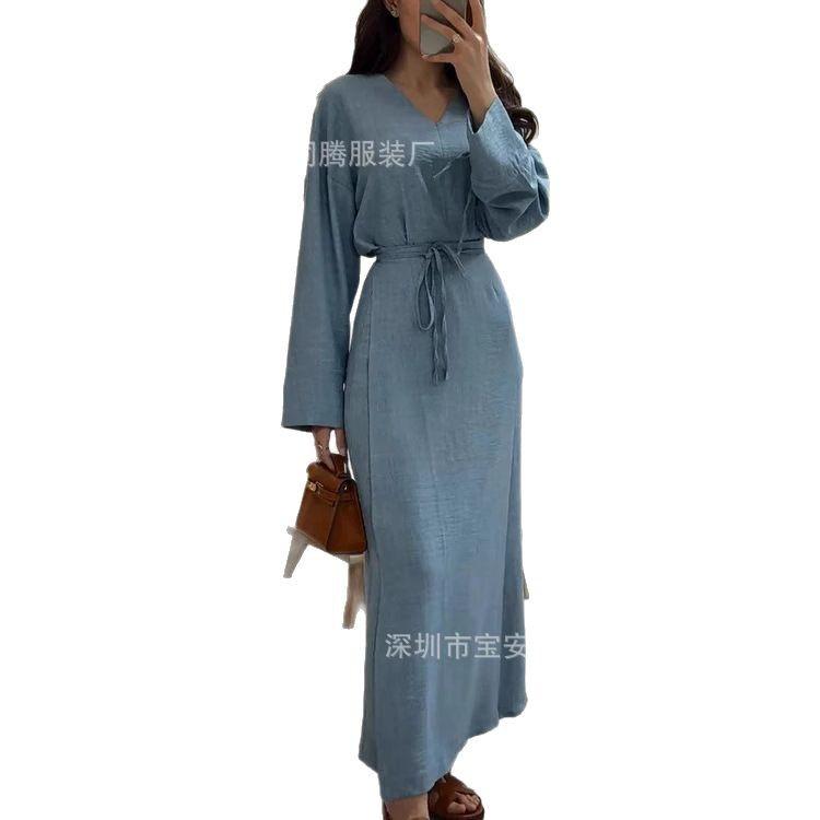 European And American New Elegant Solid Color Sexy Waist Fashion Princess Sleeve Medium And Long Dress