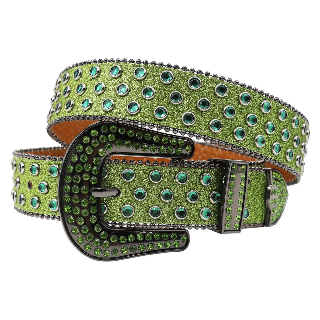 Y2K Punk Rhinestone Sequin Hip Hop Pin Buckle Leather Belt for Women