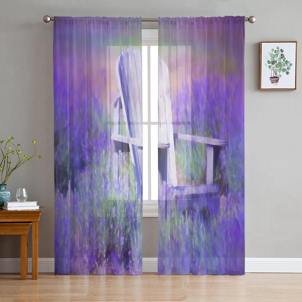 Purple Lavender Green Leaves Plant Field Window Tulle Curtains for Living Room Bedroom Hotel Luxury Decoration Sheer Curtains