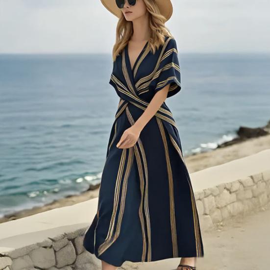 Maxi Robe d'Été pour Femmes Rayée Manches Courtes Col en V Robe évasée Décontractée Vacances à la Plage Fluide Robe d'été coupe A