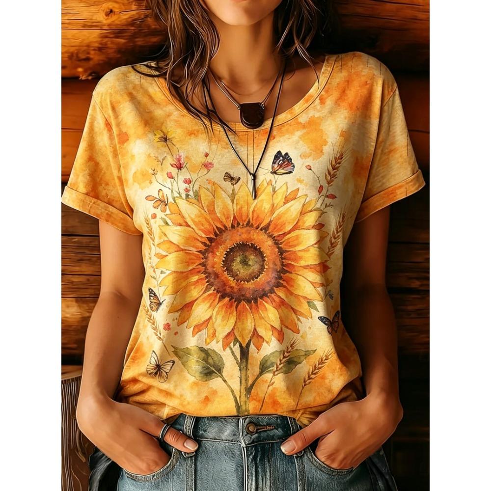 Women's Yellow Tie-Dye Sunflower Butterfly Print Round Neck T-Shirt Short Sleeve Casual Tops for Spring Summer