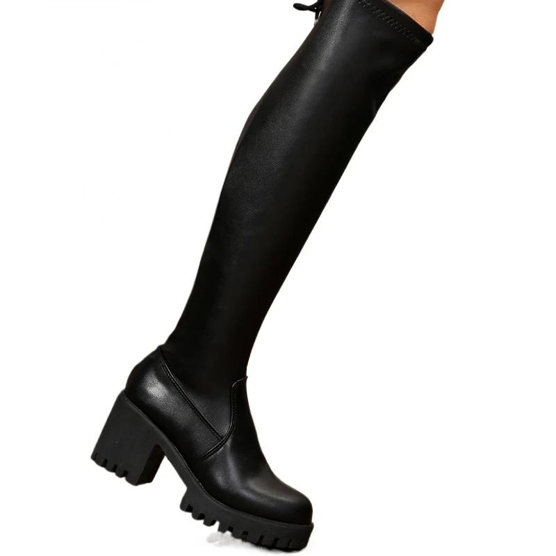 2024 High Quality Shoes for Women Sleeve Women's Boots Autumn Round Toe Solid High Tube Block Heels Large Size Fashion Boots