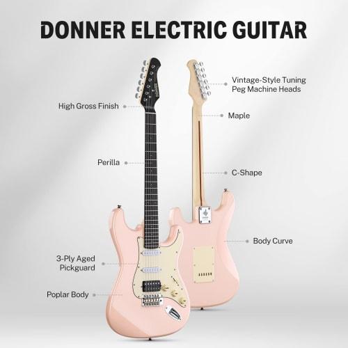 Donner DST-200 Electric Guitar Beginner Set, ST Type, Coil Tap, Case, Strap, Shield, and 5-Piece Accessory Set, Pink