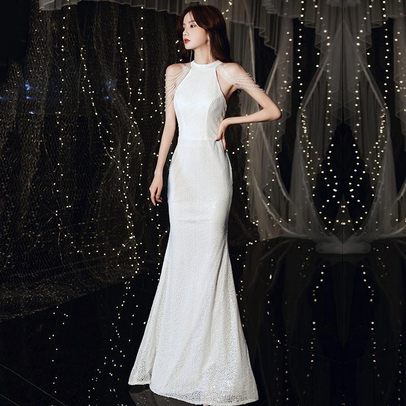 White Sequined Evening Dress Dress Women's 1011 New Temperament Long Shoulder Tassel Fishtail Host Banquet Evening Dress