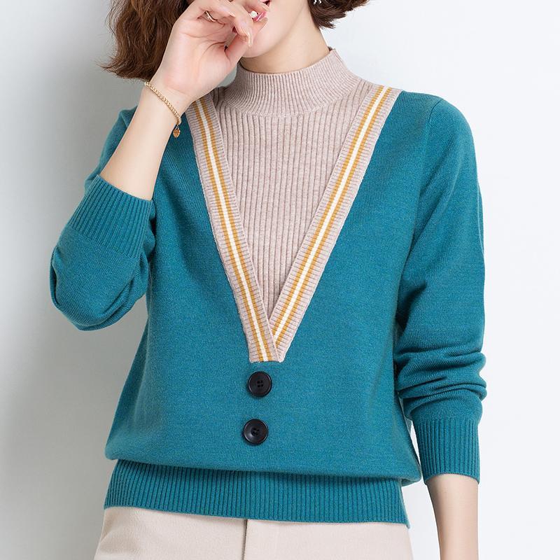Women Autumn Winter Fashion Pullovers Long Sleeve Half Turtleneck Splicing Fake Two Contrasting Colors Loose Vintage Sweaters