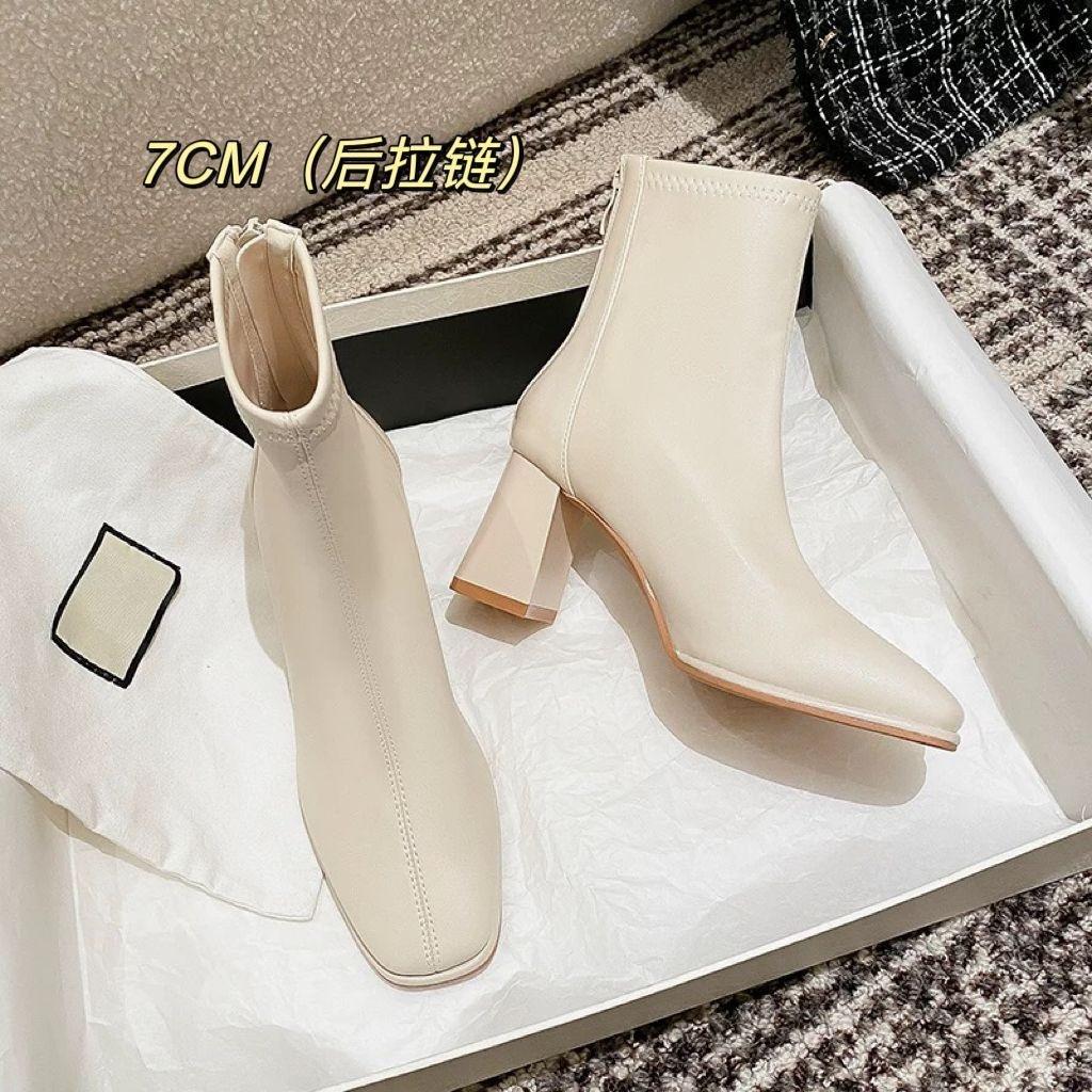 

French high-heeled velvet small short boots square-headed thin boots women s 2025 new beige small thick-heeled Martin boots 35